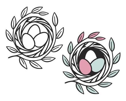 Simple and decorative bird nests with eggs and leaves perfect for spring or easter projects vector
