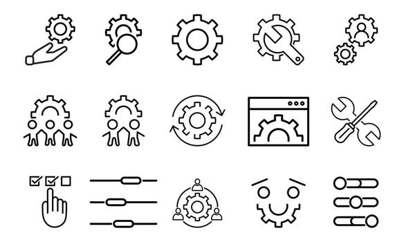 engranaje y ajustes línea íconos embalar, configuración, herramientas, trabajo en equipo, y mejoramiento símbolos, vector