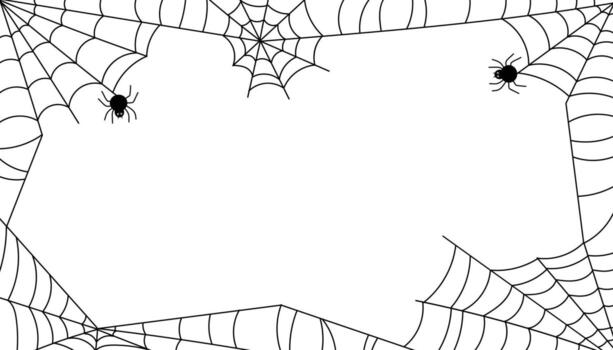 Halloween frame with black spider web and spiders on white background. vector