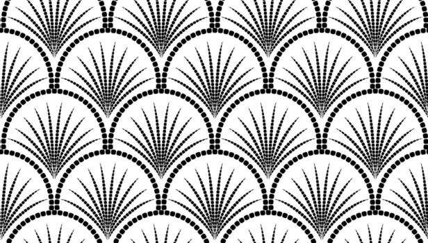 Seamless repeating pattern of stylized fan shapes on black background resembling a mosaic in art deco design. vector