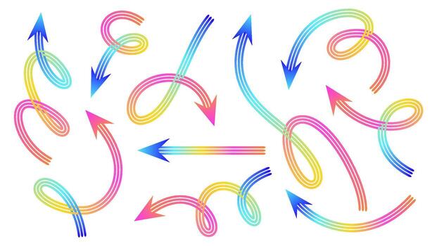 conjunto de vistoso degradado flechas arremolinándose y señalando en varios direcciones en un blanco antecedentes. vector