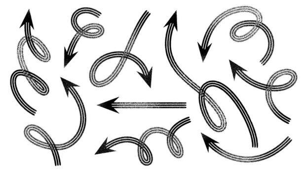 conjunto de texturizado negro flechas con arremolinándose y curvo formas señalando en varios direcciones en un blanco antecedentes. vector