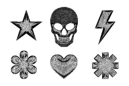 Stippled grunge objects - star, skull, lightning bolt, flower, heart and abstract geometric shape on a white background. vector