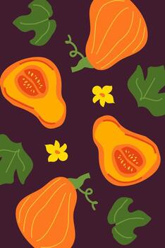 Colorful fall squash and leaf pattern with dark background vector