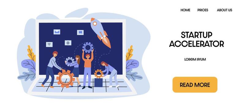 Team of people assembling gears in front of a laptop and rocket vector