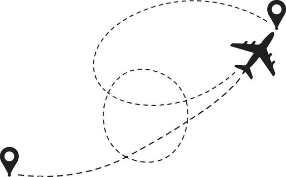 Air Travel Route Illustration with Dashed Lines Airplane and Location Markers Depicting a Journey from Origin to Destination vector