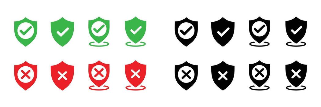 seguridad proteger íconos verde marcas de verificación, rojo cruzar marcas, negro variaciones, . vector