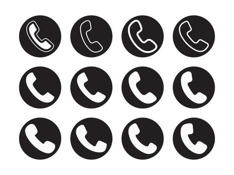 Phone icon set in circular black backgrounds for communication design and mobile interface applications vector