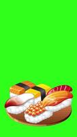 A cheerful child discovers a platter of colorful sushi on a vibrant green background, creating a playful and appetizing scene video