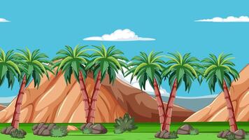 animado escena de palma arboles y montañas con suave transiciones y vibrante colores, creando un sereno tropical atmósfera video