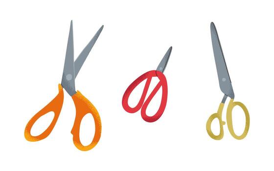 Set of colorful scissors isolated on white background. Different sizes of cutting tools for sewing, paper craft, tailoring and DIY projects. vector
