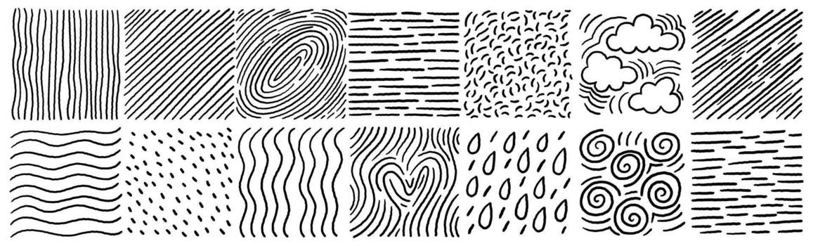 Scribbled crosshatch pattern pack with sketchy lines curls clouds and abstract textures vector