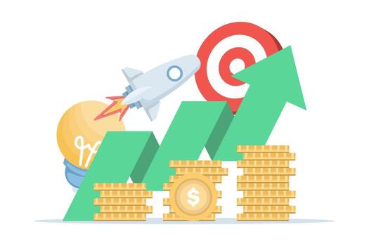 negocio inversión concepto. ilustración de un cohete lanzamiento hacia arriba con un crecimiento grafico. pilas de dólar monedas, dinero objetos. el parte superior grafico más lejos mejora el mostrar. plano ilustración. vector