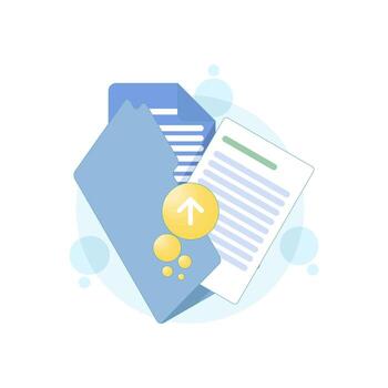 File upload concept. Uploading a document with an up arrow icon. Uploading files for assignments and business presentations. Files sent or uploaded. Flat design illustration with background. vector