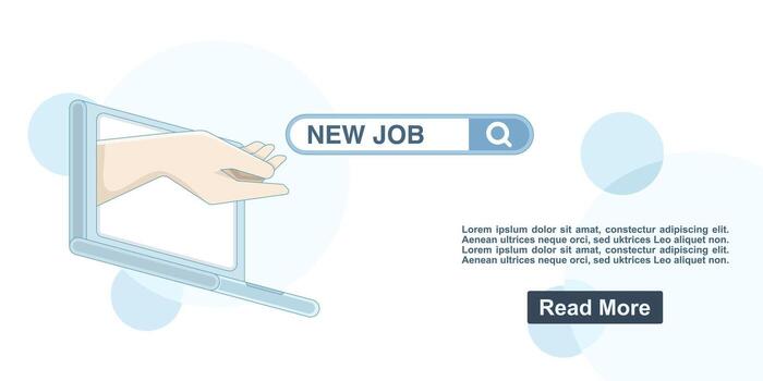 Online job openings. Career guidance. Job openings. SEO management. A hand points from a computer monitor to a search bar. Find job opportunities and positions. Online recruitment services. vector