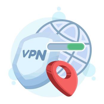 VPN security protects user privacy. It supports cyber defense and remote connection tools. IP protection with encrypted traffic ensures secure browsing and location changes. vector