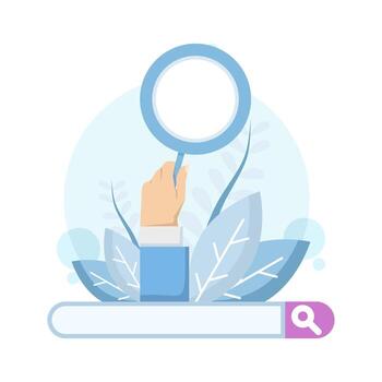 Illustration of a magnifying glass in a search bar. Searching, finding, search concept. Searching the web, looking for important information. Finding opportunities. vector