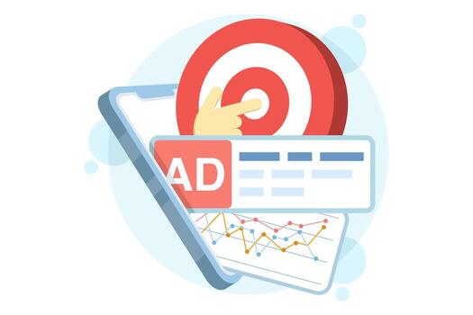 Pay-per-click concept, paid marketing campaigns, pay-per-click marketing, cursor clicking on targeted PPC ads. Increase website traffic. Flat cartoon illustration. vector