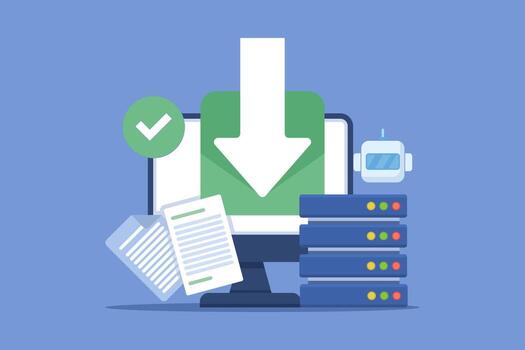 Download data from server concept. Secure form with AI-based protection for cloud data storage. File download. Program for remote connection. Database server data process. Flat design. vector