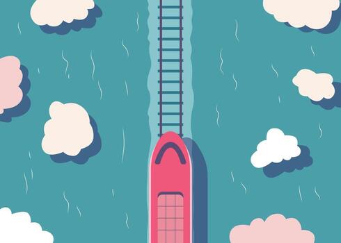 An overhead perspective depicts a charming red train traversing a serene blue river, complete with delicate cloud formations. The scene evokes a sense of journey and tranquility. vector