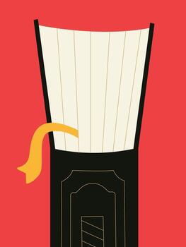 A vertical, abstract illustration presents a stylized, open book, a bookmark marks a page amidst a vibrant red background, inviting the imagination. vector