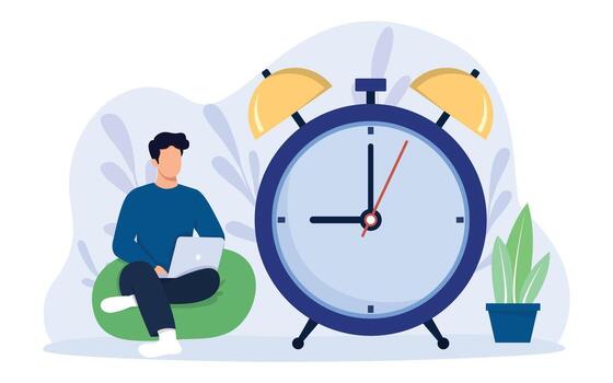 Young man near huge clock with laptop. Time management concept planning, organization, working time. Time organization efficiency. Schedule job project team. Organizing efficient work process. vector