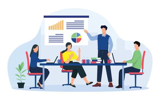 Business meeting, team seminar and team work concept. A group of diverse people leading a discussion at a table near a whiteboard with charts and graphs. vector