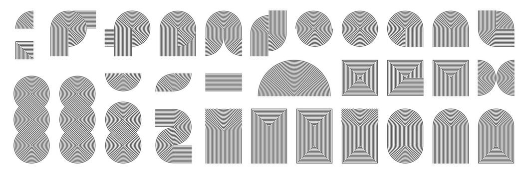 Abstract arch shape, black white curved line pattern. Retro bw concentric frame border, sun moon figures. Geometric optical illusion spiral. Minimal organic art, rainbow shape, wavy boho arc bg vector