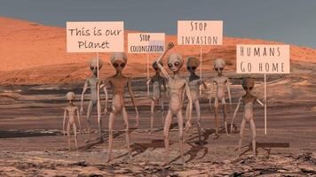umoristico scena di indigeno alieni o marziani protestare contro il colonizzazione di Marte. un astronauta sembra a un' gruppo di alieno manifestanti. 3d resa. video