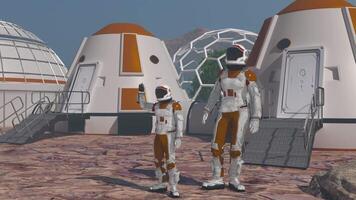 3d rendere. famiglia coloni per Marte, un' uomo, un' donna e un' bambino. un' uomo astronauta ritorna per il suo famiglia di coloni su Marte. colonia base su Marte. futuristico colonizzazione e spazio esplorazione concetto. video