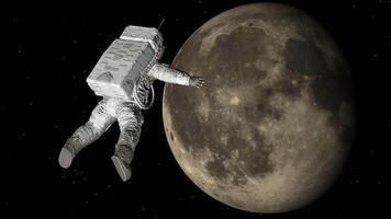 3d representación. astronauta moscas en espacio alrededor el Luna. paseo espacial. sin costura bucle. video
