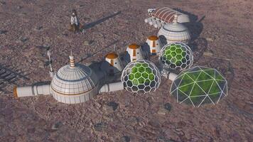 base su Marte, aereo Visualizza. verde impianti nel serre. un' uomo astronauta ritorna per il suo famiglia su Marte. colonia base su Marte. futuristico colonizzazione e spazio esplorazione concetto. 3d rendere. video