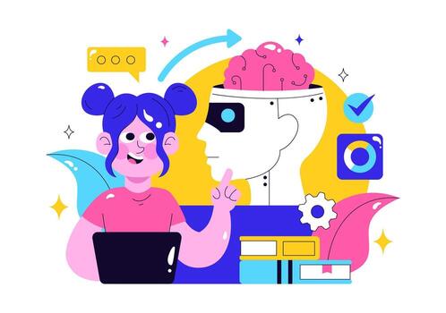 Data Science and Machine Learning Illustration with Artificial Intelligence Experts Working on Technology vector