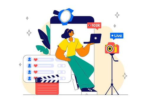 Live Broadcast Setup Illustration Featuring People Using Streaming Tools in Flat Design vector