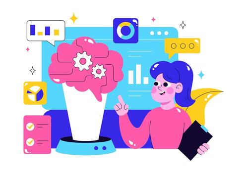 Machine Learning Process Illustration with Data Scientists and AI Engineers in a Flat Style Scene vector