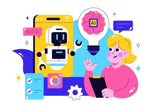 AI and Machine Learning Illustration with High-Tech Professionals Analyzing Big Data vector