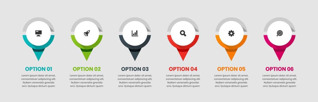 Pin Infographic Element Design Templates with Icons and 6 Options. Suitable for Process Diagram, Presentations, Workflow Layout vector