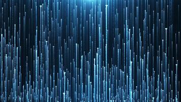 trogen blå lysande rader stiga upp på en mörk bakgrund. abstrakt vertikal ljus Ränder skapa en avancerad, cyber och digital atmosfär, rörelse av en ström av lysande ljus rader av partiklar video