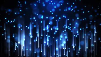brillante azul partículas y vertical ligero caminos otoño graciosamente en un futurista resumen antecedentes. ideal para tecnología, datos, o ciencia ficción visual conceptos y digital entornos. video