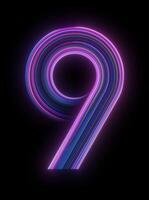 Futuristic number 9 appears in soft glowing neon purple and cyan light on transparent background with alpha channel this animated element is part of a coordinated number set from 0 to 9 made video
