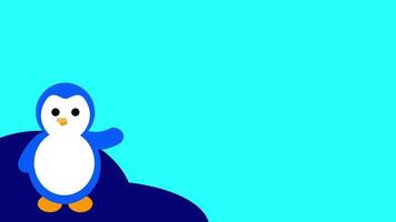 un linda animado pingüino soportes en contra un plano brillante azul fondo, representando sencillez, frío ambientes, y encantador personaje diseño video