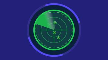 en roterande radar animering som visar läser in rörelser i grön på en mörk blå bakgrund, simulera upptäckt och spårning radar system video