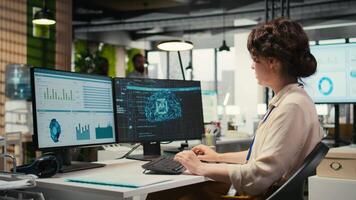 Female employee being pleased with AI integration success for efficiency recognition, using a synergy of data sharing and optimization models in a co working space. Progress prosperity. Camera A. video