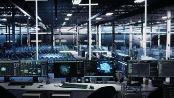 data Centrum dator system på skrivbord kontrollerande nätverk Resurser genom ai visualisering instrumentpaneler, och artificiell intelligens programmering programvara kartläggning infrastruktur anslutningar video