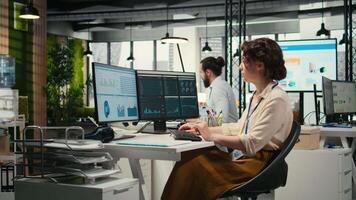 hembra empleado en un alto final oficina analizando actuación métrica y negocio estrategia en computadora monitor, enfoque en reporte escritura y planificación a conducir resultados y éxito. cámara una. video