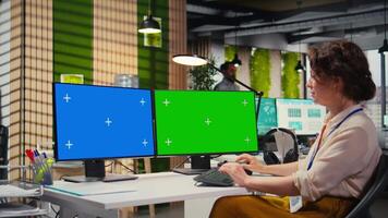 Focused office administrator using data for forecast with a green screen, building a new development strategy to expand the business and boost performance reports. Professional objectives. Camera A. video