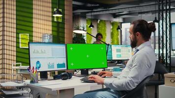 Office advisor examining KPI indicators next to isolated copy space, establishing a new growth plan and strategy to drive innovation. Business development and productivity. Camera A. video