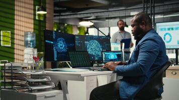 Business specialist engages with AI big data and predictive analytics, using smart work solutions and cloud computing for adaptive strategies. Artificial intelligence algorithms. Camera A. video