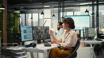 Woman engaging in discussion on call to share finance strategy details, using data analysis to create a briefing for reports. Building an effective partnership via conferencing. Camera A. video