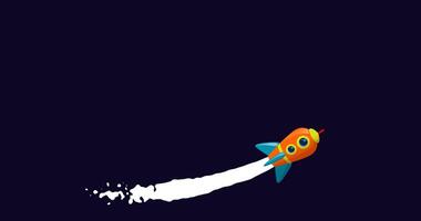 Spaceship flying on dark blue screen. Rocket making loop with smoke trails. 2d animation video